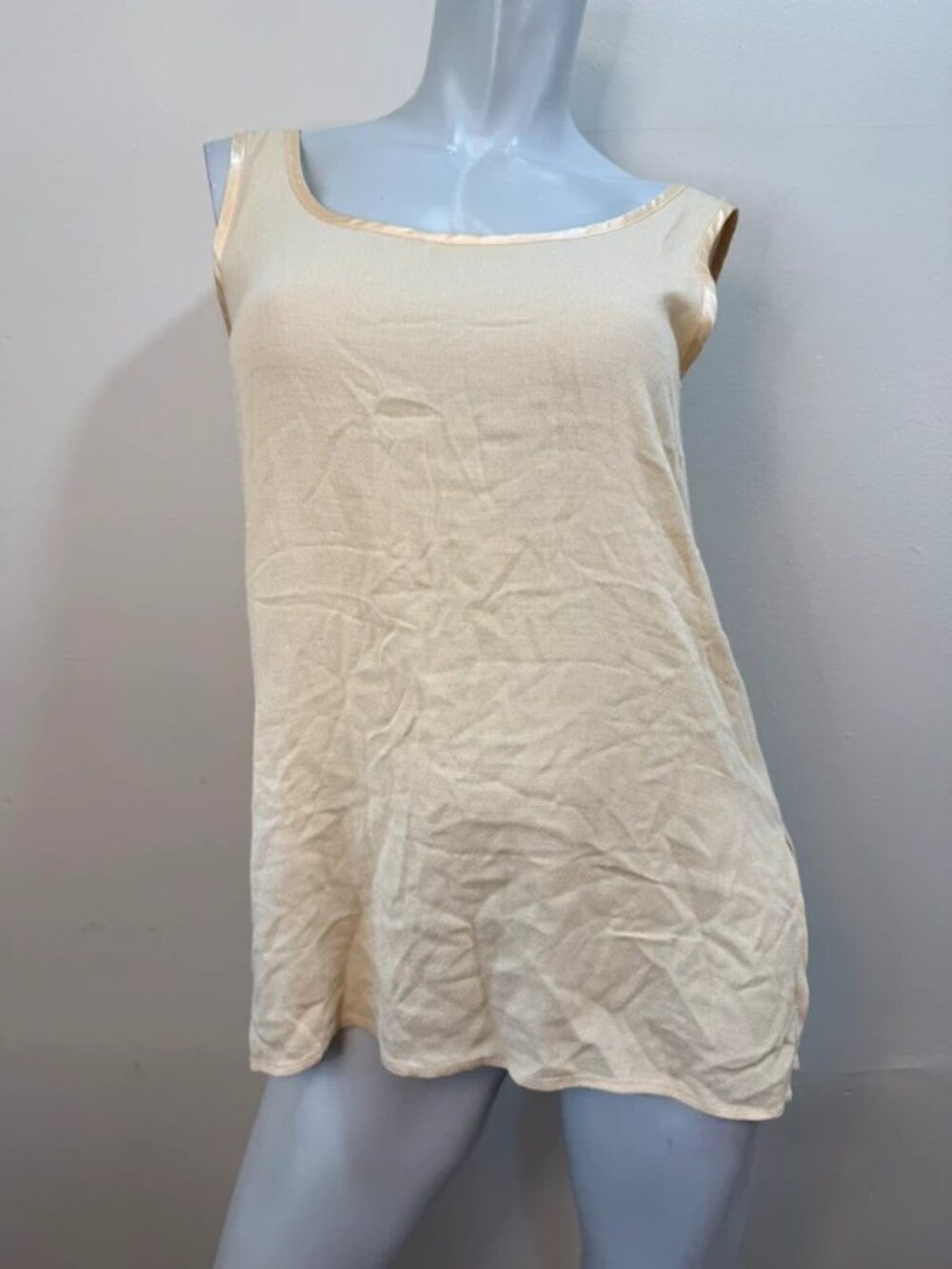 90s Vintage Rayon Knit Satin Trim Sleeveless Tank Shell Neutral Small